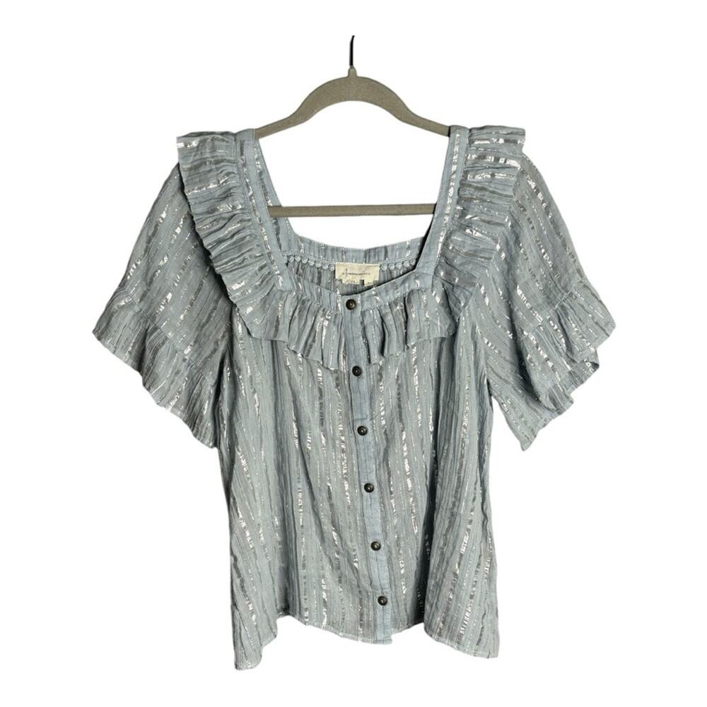 Anthropologie Gray Button Front Blouse Silver Metallic Stripes Ruffles Small